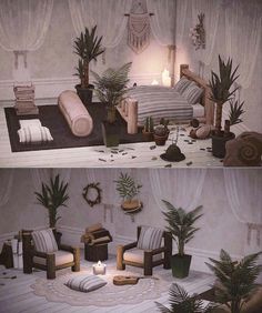 two pictures of the same room in different stages of being decorated with plants and decorations