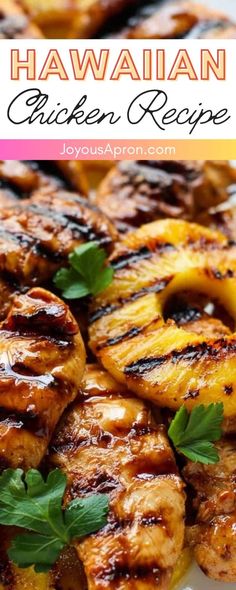 hawaiian chicken recipe with pineapples and parsley on the side, served in a white plate