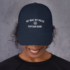 "Personalized Captain Hat, Custom Baseball Cap, Nautical Dad hat, Embroidered Sailor Hat, Fun Gift For Sailing, Boat Captain Custom Hat Get a massive discount on these \"Personalized Captain Hat\" Dad hats aren't just for dads. This one's got a low profile with an adjustable strap and curved visor. * 100% chino cotton twill * Green Camo color is 35% chino cotton twill, 65% polyester * Unstructured, 6-panel, low-profile * 6 embroidered eyelets * 3 ⅛\" (7.6 cm) crown * Adjustable strap with antiqu Adjustable Sailor Cap, Adjustable Sailor Style Cap, White Nautical Cap, Nautical Cap For Boating, Nautical Style Cap For Boating, Navy Nautical Beach Hat, Nautical Navy Beach Hat, Nautical Hat With Adjustable Fit And Curved Brim, Nautical Hat With Adjustable Curved Brim