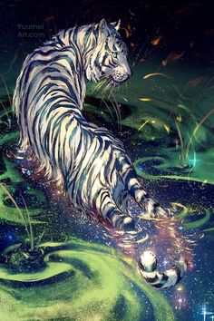 a painting of a white tiger laying on top of green water with stars in the sky