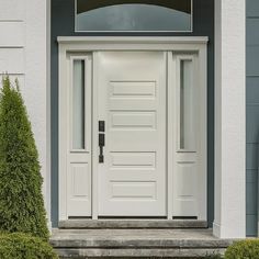 a white front door with two sidelights and bushes in the foreground on a gray house