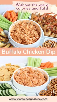 two pictures with different types of food in them and the words buffalo chicken dip on top