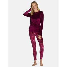 A comfortable feel, a stylish look, its ClimateRight by Cuddl Duds Stretch Velour 2-Piece Set. Featuring a long-sleeve top and coordinating leggings, this set gives us all the feels. Designed to help keep you cozy and warm, this plush velour set is the perfect pick for lounging, sleeping or even layering. Only at Walmart. Size: XS.  Color: Purple.  Gender: female.  Age Group: adult. Velour Top, Base Layer Women, Velour Tops, Womens Thermal, Long John, Cuddl Duds, The Feels, Thermal Top, All The Feels