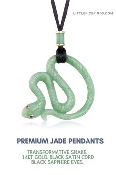 Jade Snake Pendant Necklace in 14kt Yellow Gold. Jade and Sapphire on Black Satin Cord. Ross-Simons Serpent Jewelry, Sapphire Eyes, Necklace Gold Chain, Snake Pendant, Snake Necklace, Black Sapphire, Jade Necklace, Jade Carving, Jade Jewelry