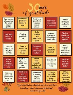 the 30 days of gratitude calendar with autumn leaves and words on it, which are written in