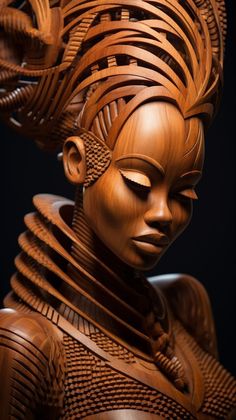 a wooden sculpture with intricate designs on it's face and neck, in front of a black background