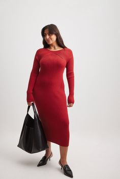 This midi dress features a form fit and a stretchy material. It has a ribbed soft knit and a round neck. Our midi dress features long sleeves. Red Midi Dress, Dress Red, Na Kd, Soft Knits, Stretchy Material, Round Neck, Midi Dress, Long Sleeves, Wardrobe