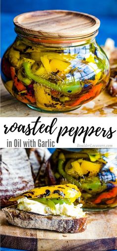 a jar filled with food sitting on top of a wooden cutting board