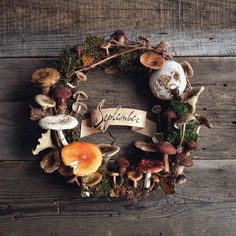 a wreath made out of mushrooms and moss on a wooden background with the words springtime written across it