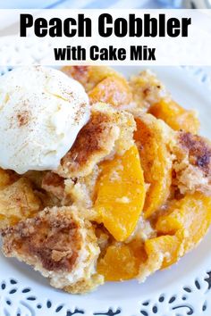 peach cobbler with cake mix on a white plate