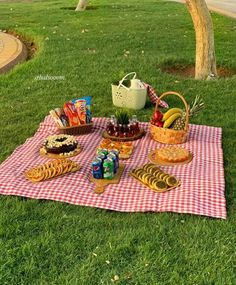 a picnic blanket with food on it in the grass