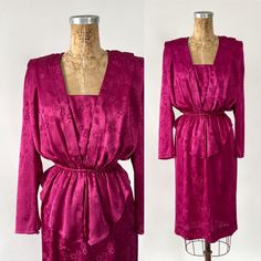 A lovely 1980s does 1940s style party dress! Tailored in bright magenta satin jacquard, the dress has a draped, blouson bodice, wide, padded shoulders and long sleeves, an elastic waist, and a slim skirt with a ruffed peplum at the hip. Perfect for a Galentines / Valentine's Day!  *please note the color may be slightly different in person Brand: Jody Material: polyester Made in the USA  Size: tagged vintage size 5/6 and fits extra small or possibly a small  Measurements: Shoulder: 14.5" Bust: 32" flat but up to 40" Waist: 23" - 29" but best for 26" or under  Hip: 37" Length: 42 Bodice Length: 16.5" Condition: Great vintage condition! Clean and ready to wear!  Fits as shown on a size extra small/small dress form that measures 34" - 24" - 35" Follow us on Instagram @missdorothyvintage for pr 80s Dress Outfit, Galentines Valentines, Cocktail Dress Maternity, Style Party Dress, Vintage 80s Dress, Fuschia Dress, Vintage Dress 80s, Slim Skirt, 1940s Style