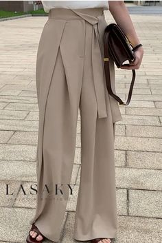 Lasaky - Premium High-Waisted Wide Leg Palazzo Pants with Pleated Asymmetric Belt Design and Elongating Drape Fit Luxury Wide Leg Pants With Belted Cuffs, Luxury Wide Leg Pants With Flap Pockets For Work, Luxury Baggy Wide Leg Pants With Belt Loops, Modern Luxury Belted Pants, Luxury Wide Leg Dress Pants With Side Pockets, Luxury Modern Pants With Belt Loops, Wide Pleated Pants, Pleated Pants Outfit, Dress Pants Outfits