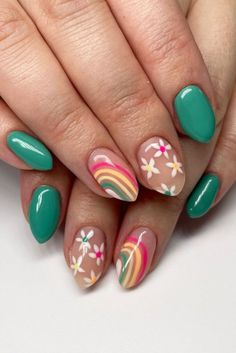 Sweet Floral & Rainbow Nails Cute Gel Nails, Easter Nails, Rainbow Nails, Nail Designs Spring, Nail Arts, Short Acrylic Nails, Flower Nails, Cute Acrylic Nails