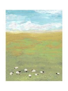 a painting of sheep grazing in a green field with blue sky and clouds above them