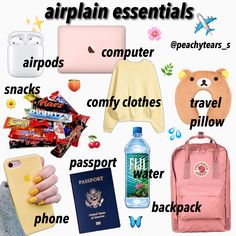 there are many items that can be found in this travel bag, including an airplan and backpack