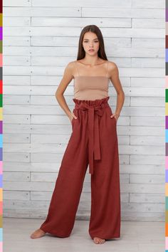 Trendy High-waisted Linen Pants, Brown Wide-leg Pants For Summer, Brown Wide Leg Summer Bottoms, Brown High Waist Linen Bottoms, High Waist Brown Linen Bottoms, High Waist Linen Bottoms For Fall, Chic Brown Linen Bottoms, Summer High-waisted Brown Pants, Brown High Waist Wide Leg Pants For Summer