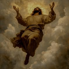 a painting of jesus floating in the sky