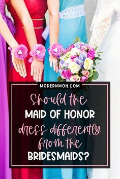 Is having your maid of honor dress differently than bridesmaids on your big day a good move? Learn how to make her stand out while keeping your bridal party cohesive. We explore the pros, cons, and creative ideas to help you plan the perfect look. Find out what you need to know about making the maid of honor dress different! | Modern Bridal Party Maid Of Honor Dress Different, Maid Of Honor Dress, Bridal Party Bouquets, Bridesmaid Duties, Bridal Party Attire