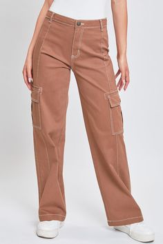 We’re living in these Women’s High-Rise Cargo Pants with Front Seam Detail all season long! We’ve omitted front and back pockets so that this high-waisted pant really accentuates your natural shape, and added a vertical front seam to draw the eye and create the illusion of a longer leg. Features contrast stitching throughout, flap button cargo pockets with pleated detail, and a relaxed straight leg for comfort and an ultra-flattering silhouette. Style with a bandeau top and sandals for a daytime Women's Cargo Pants, Ymi Jeans, Black 13, Women Cargos, Natural Shapes, Bandeau Top, Buy One Get One, Me When