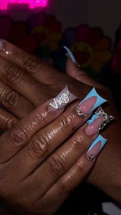 Blue Pisces Nails, Light Blue Short Nails Design, Light Blue Duck Nails, 90s Duck Nails, Light Blue Birthday Nails, Blue French Tip Nails With Design, Blue Freestyle Nails, Denim Nails Ideas, Blue Stiletto Nails Design