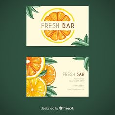 two business cards with oranges and leaves for fresh bar on dark green background, front and back side view