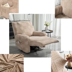 several images of the same chair with different patterns on it, including an arm and foot rest