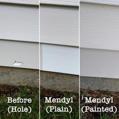 three different types of gutter on the side of a house with grass and dirt