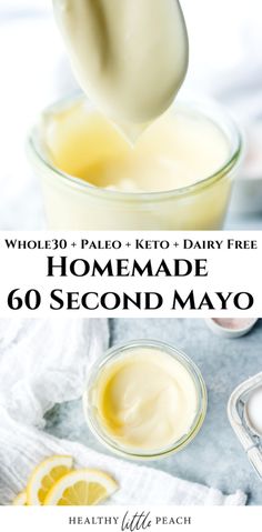 the ingredients for homemade mayonnaise are in small bowls and being drizzled with