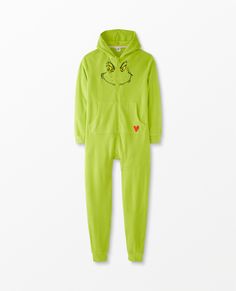 Adult Recycled Dr. Seuss Grinch Microfleece Play Suit | Hanna Andersson Grinch Artwork, Grinch Costume, Christmas Sleepwear, Winter Essentials Clothes, Pjs Matching, Grinch Costumes, Best Pjs, Dr Seuss Grinch, Family Matching Pajamas