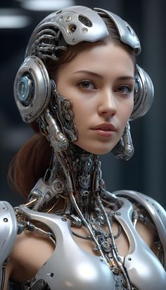 a woman with headphones on her face and body is looking at something in the distance