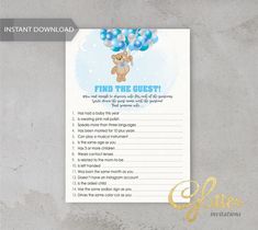 a printable baby shower game with teddy bear and balloons on the side, in blue