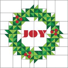 the joy quilt pattern is shown in red, green and white with an ornament design