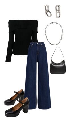 off-shoulder top , wide cut jeans , Mary-jane shoes . Mary Jane Shoes Outfit Aesthetic, Jeans Shoes Outfit, Outfits With Mary Janes, Chunky Heels Outfit, Mary Jane Outfit, Mary Janes Outfit, Mary Jane Shoes Outfit, Looks Jeans, Heels Outfits