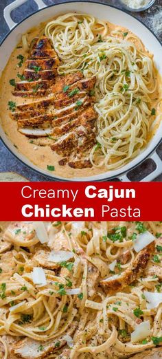 creamy cajun chicken pasta in a skillet with parmesan cheese