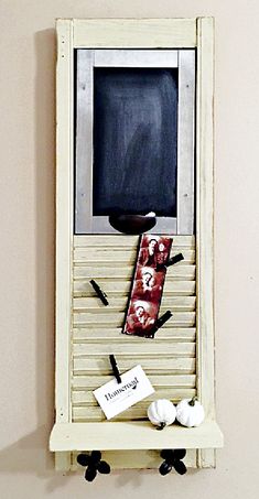 Yellow shutter with chalkboard and shelf with clips and cards Vintage Shutters, Chalk Holder, Diy Shutters, Upcycled Projects, Upcycle Repurpose