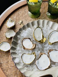 oysters on ice with lemon wedges and water