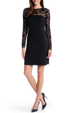 A sultry LBD lightly skims your curves in soft, stretch jersey as it captivates with sheer-illusion lace over the yoke and long sleeves. 36 1/2" center back length (size Medium) Slips on over head Jewel neck Long sleeves Lined 92% rayon, 8% spandex with 61% nylon, 26% rayon,13% spandex Hand wash, dry flat Made in the USA Point of View Mesh Cocktail Dress, Cocktail Dress Nordstrom, Embroidered Cocktail Dress, Cocktail Dresses Online, Lace Cocktail Dress, Exclusive Dress, Sequin Cocktail Dress, Long Sleeve Sequin, Karen Kane