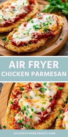 chicken parmesan air fryer pizza on a wooden platter with text overlay