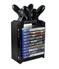 a dvd rack with several discs and video game controllers in the top section, on an isolated white background