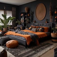 a bed room with a neatly made bed and lots of plants