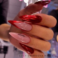 Red Mirror Nails, Nails Designs Ideas, You Nails, Red Stiletto Nails, Pink Tip Nails, Stilleto Nails Designs, Stiletto Nails Short, Swirl Nails, Multicolored Nails