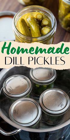 homemade dill pickles in jars on top of a stove with text overlay