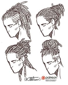 four different ways to draw the hair in one drawing technique, including braids and twists