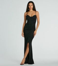 Define your shine in the Mila glitter formal dress made to captivate everyone at banquets, weddings, or prom! Glitter fabric adds a touch of glamour to her silhouette boasting a cowl neckline, padded bra cups, and spaghetti straps that provide both support and a flattering look. The mermaid silhouette and high front wrap slit exude sophistication along the floor-length hem for added drama. Complete the look in lace-up heels and jewelry!Fit & FeaturesGlitter fabric lined with stretchy knitPa Glitter Formal Dress, Dress Satin Bridesmaid, Black Sparkly Dress, Beach Wedding Guest Dress, Black Bridesmaids, Mermaid Glitter, Purple Bridesmaid Dresses, Red Bridesmaid Dresses, Black Bridesmaid Dresses