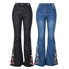 Women Jeans, Flare Denim Jeans, Flower Jeans, Bootleg Jeans, Embroidered Jeans, Flower Power Jeans, Hippy Jeans. Vintage, Women Embroidery Destoryed Flare Jeans, Button Waist Bell Bottom Denim Pants. Transform yourself back to the seventies with these flower power, hippy style jeans. Soft, comfortable and form fitting with classic 5-pocket design, zip fly and button closure, these sexy jeans hug your curves in all the right places. With their vintage wide leg and funky cool bell bottom tie up de Hippy Jeans, Hippie Jeans, Western Stuff, Hippy Style, Flower Jeans, Jeans Embroidered, Bootleg Jeans, Women Embroidery, Flare Denim Jeans