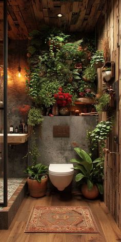 a bathroom with plants on the wall and a toilet in the middle, surrounded by potted plants