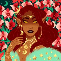 an illustration of a woman with red hair and gold jewelry, surrounded by pink flowers