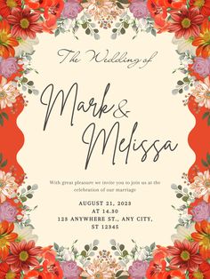 the wedding card is decorated with flowers and leaves, as well as an ornate frame