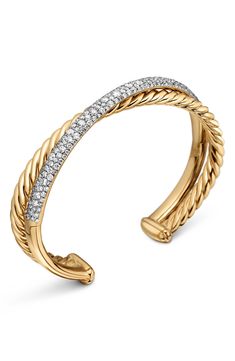 A row of pavé diamonds and a rope-textured bar crisscross on this 18-karat-gold cuff bracelet, resulting in a decadent combination. 3/8" Total diamond weight: 2.35ct. 18k gold/diamond Imported >Diamond Guide Tiffany And Co Bracelet Gold, Tiffany And Co Bracelet, Women's Bracelets, Diamond Guide, Gold Bracelet Cuff, Gold Cuffs, Tiffany And Co, Womens Wedding Bands, Open Ring